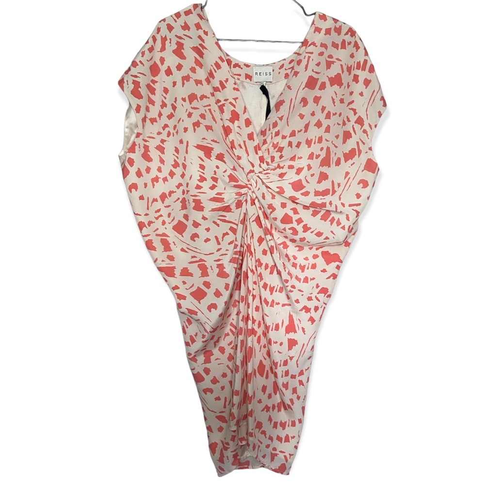 Reiss NWT Coral/Pearl Gathered Printed V-Neckline Silk Dress Size 4